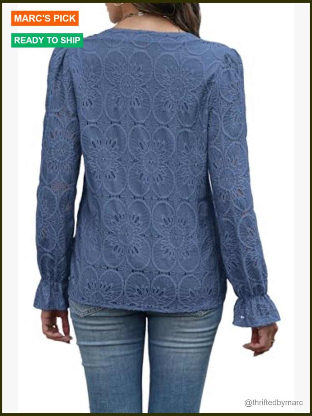 V Neck Eyelet Lace Blouse with Lining Long Sleeve Sheer Embroidery - Picture 6 of 7